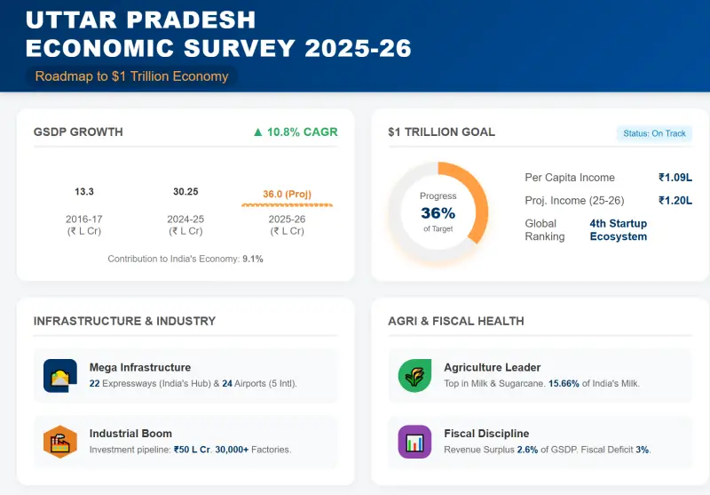UP Economic Survey 2025-26: First-Ever Survey Charts $1 Trillion Economy Roadmap | Current Affairs for UPSC, PSC, Banking