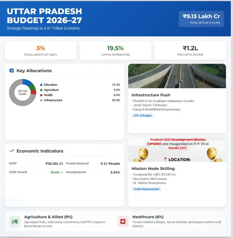 Uttar Pradesh Budget 2026-27: ₹9.13 Lakh Crore Outlay with Focus on Education, Health and Skill Development